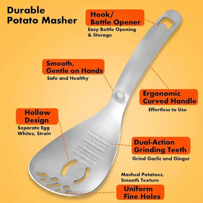Multifunctional Potato Masher with Slotted Spoon & Raw Egg Separator, Durable Kitchen Gadget for Mashing Potatoes, Avocados, Vegetables & Beans, Easy Clean & Dishwasher Safe.