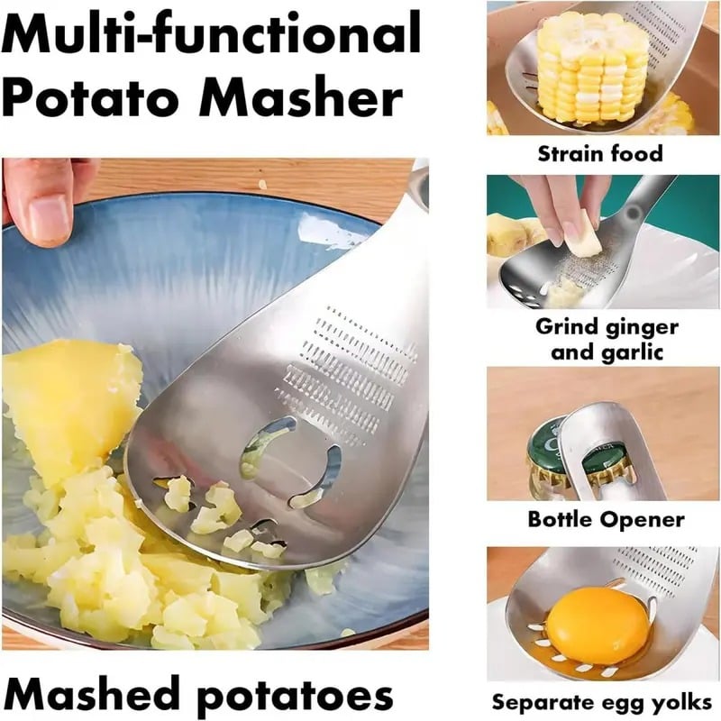 Multifunctional Potato Masher with Slotted Spoon & Raw Egg Separator, Durable Kitchen Gadget for Mashing Potatoes, Avocados, Vegetables & Beans, Easy Clean & Dishwasher Safe.